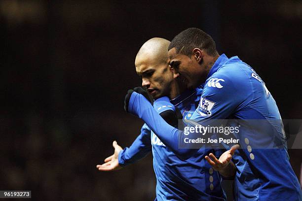 Danny Webber of Portsmouth scores Portsmouth's first goal during the Barclays Premier League match between Portsmouth and West Ham United at Fratton...