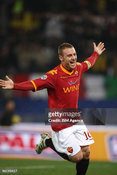 Daniele De Rossi of AS Roma Calcio celebrates the opening goal during the Tim Cup between Roma and Catania at Olimpico Stadium on January 26, 2010 in...