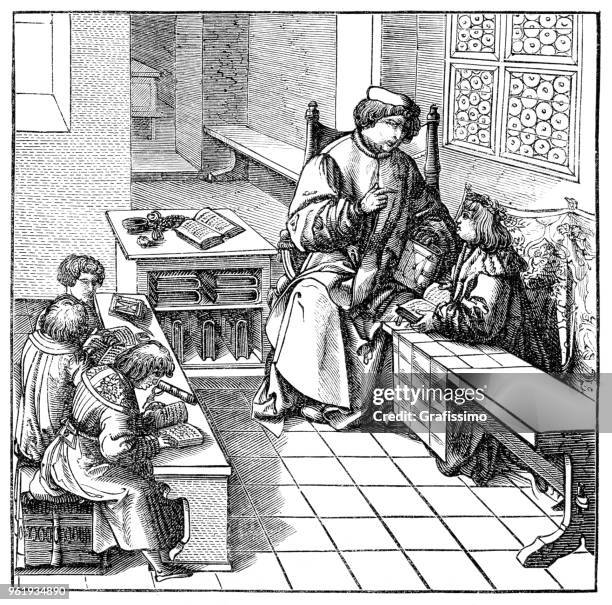 lehrer und schüler im klassenzimmer im 15. jahrhundert - mittelalter stock-grafiken, -clipart, -cartoons und -symbole