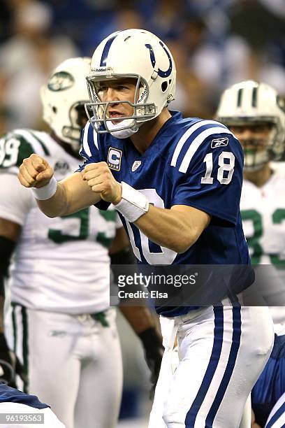 Quarterback Peyton Manning of the Indianapolis Colts reacts during the first half against the New York Jets during the AFC Championship Game at Lucas...