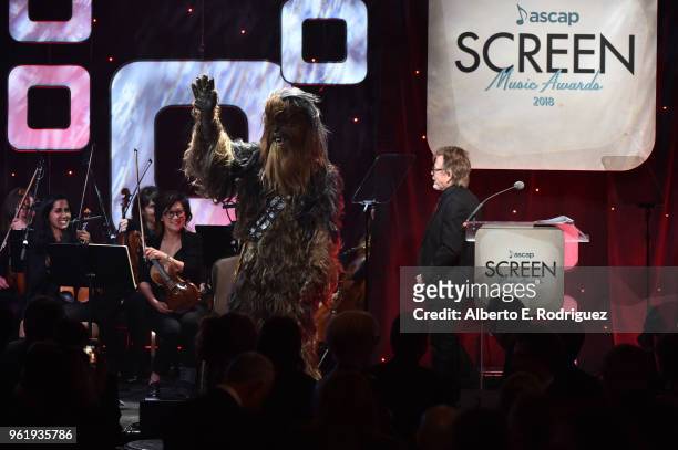 Chewbacca appears onstage with ASCAP EVP of Membership, John Titta at the 33rd Annual ASCAP Screen Music Awards at The Beverly Hilton Hotel on May...