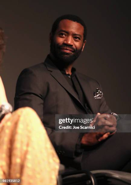 Actor Nicholas Pinnock speaks onstage during the STARZ "Counterpart" & "Howards End" FYC Event at LACMA on May 23, 2018 in Los Angeles, California.