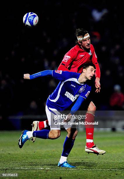 Jonas Olsson of West Bromwich Albion battles with Tamas Priskin of Ipswich Town during the Coca Cola Championship game between Ipswich Town and West...