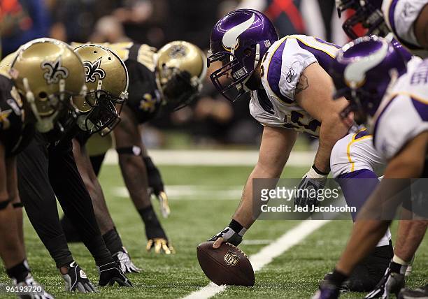 Offensive center John Sullivan of the Minnesota Vikings gets set to snap the ball against the New Orleans Saints during the NFC Championship Game at...