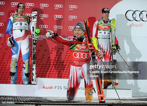 Reinfried Herbst of Austria takes 1st place place during the Audi FIS Alpine Ski World Cup Men's Slalom on January 26, 2010 in Schladming, Austria.