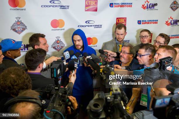 Stuart Skinner of Swift Current Broncos answers media questions after the game four loss to the Hamilton Bulldogs at Brandt Centre - Evraz Place on...