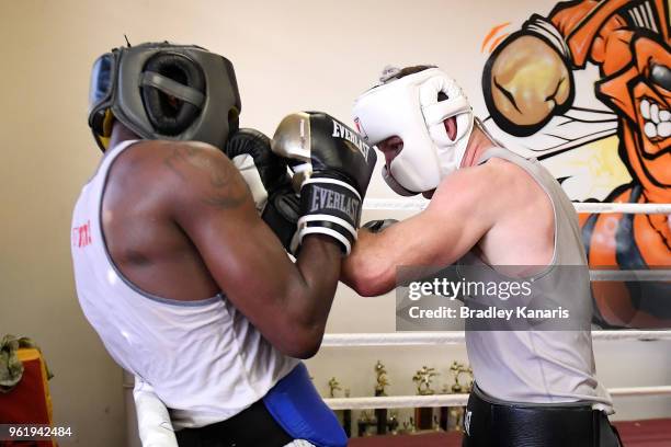 Jeff Horn competes against Ray Robinson during a sparring session at Stretton Boxing Club on May 24, 2018 in Brisbane, Australia.