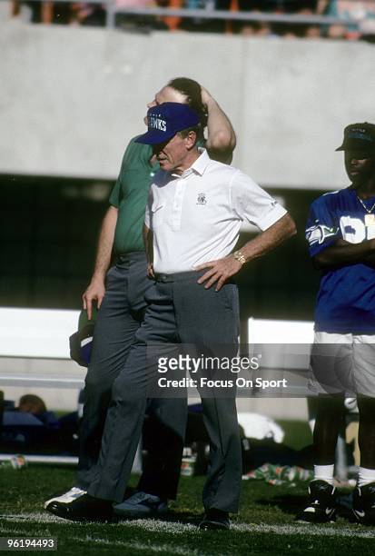 Head Coach Chuck Knox of the Seattle Seahawks watching the action from the sidelines during a mid circa 1980's NFL football game. Knox was the head...