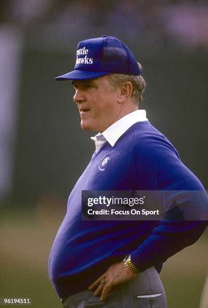 Head Coach Chuck Knox of the Seattle Seahawks watching the action from the sidelines during a late circa 1980's NFL football game. Knox was the head...