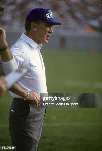 Head Coach Chuck Knox of the Seattle Seahawks watching the action from the sidelines during a mid circa 1980's NFL football game. Knox was the head...