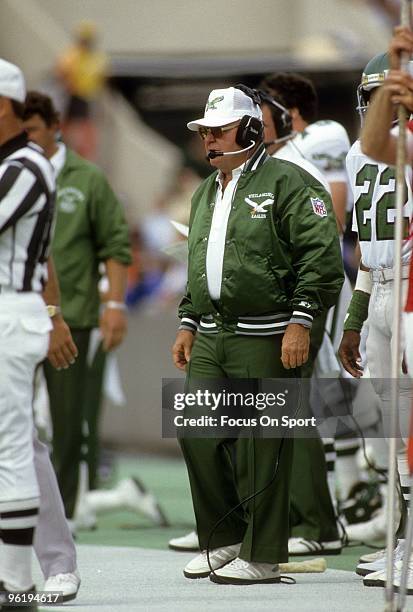 S: Head Coach Buddy Ryan of the Philadelphia Eagles watching the action from the sideline during a late circa 1980;s NFL football game against the...