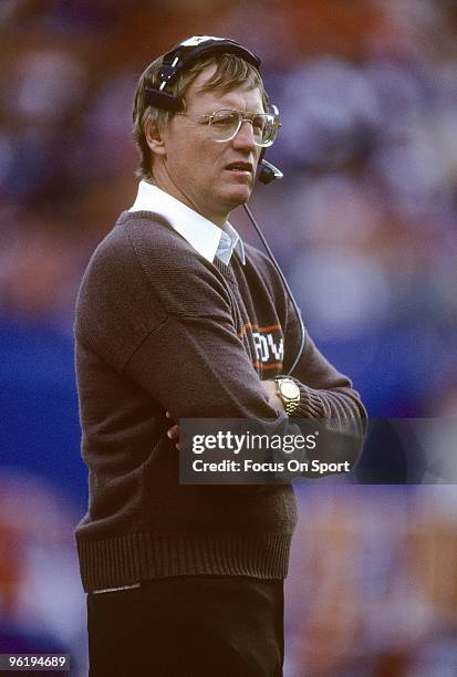 S: Head Coach Marty Schottenheimer of the Cleveland Browns watching the action from the sidelines during a mid circa 1980's NFL football game at...