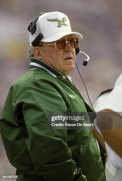 S: Head Coach Buddy Ryan of the Philadelphia Eagles watching the action from the sideline during a late circa 1980;s NFL football game against the...