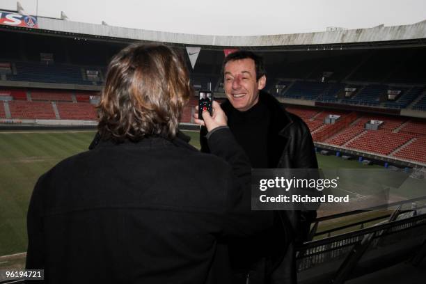 Jean Luc Reichmann gives an interview to Denis Charvet during the Radio 10 launch at Parc des Princes on January 26, 2010 in Paris, France.