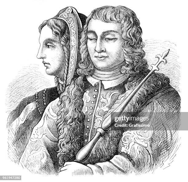 bildbanksillustrationer, clip art samt tecknat material och ikoner med ferdinand ii kung av spanien med isabella porträtt illustration 1882 - ferdinand ii of aragon