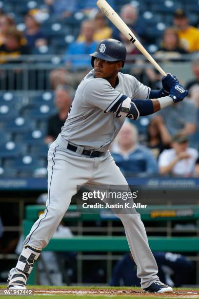 Franchy Cordero of the San Diego Padres in action against the Pittsburgh Pirates at PNC Park on May 17, 2018 in Pittsburgh, Pennsylvania. Franchy...