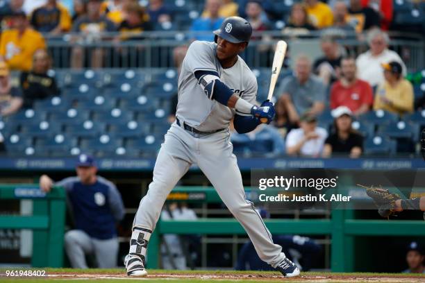 Franchy Cordero of the San Diego Padres in action against the Pittsburgh Pirates at PNC Park on May 17, 2018 in Pittsburgh, Pennsylvania. Franchy...