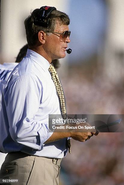 Head Coach Dan Reeves of the Denver Broncos watching the action from the sidelines during a mid circa 1980's NFL football gamei. Reeves was the head...