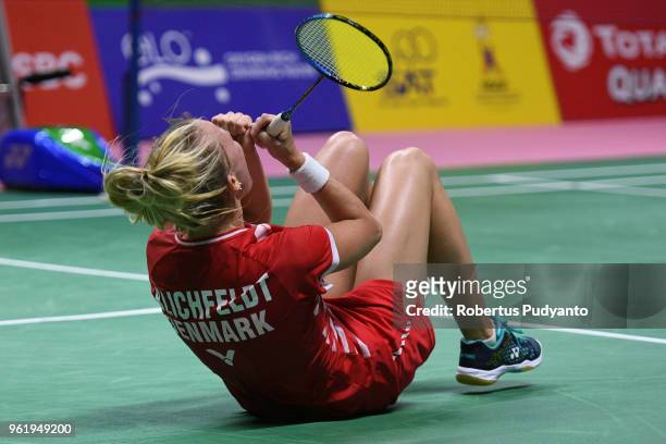 Mia Blichfeldt of Denmark celebrates victory after beating Chen Yufei of China during the Quarter-final match on day five of the BWF Thomas & Uber...
