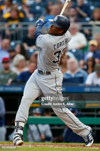 Franchy Cordero of the San Diego Padres in action against the Pittsburgh Pirates at PNC Park on May 17, 2018 in Pittsburgh, Pennsylvania. Franchy...