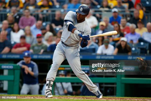 Franchy Cordero of the San Diego Padres in action against the Pittsburgh Pirates at PNC Park on May 17, 2018 in Pittsburgh, Pennsylvania. Franchy...