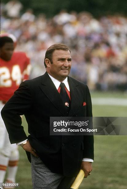 S: Head Coach Hank Stram of the Kansas City Chiefs watching the action from the sidelines during a late circa 1960's NFL football game at Municipal...