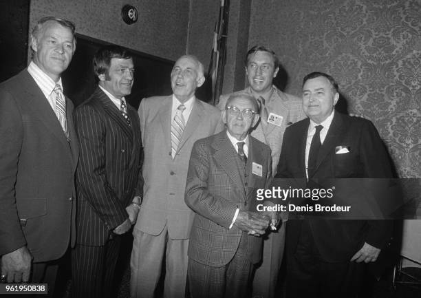 Gordie Howe, Bernie Geoffrion, Clarence Campbell, Frank J. Selke, Jean Beliveau and Boston Bruins Chairman of the Board, Weston Adams pose for a...