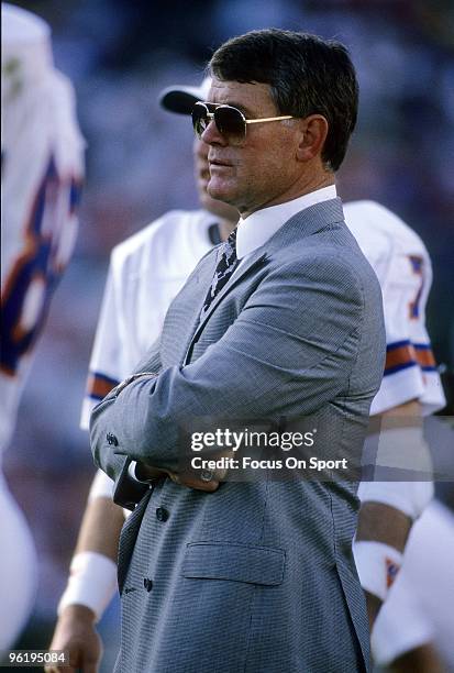 Head Coach Dan Reeves of the Denver Broncos watching the action from the sidelines during a mid circa 1980's NFL football gamei. Reeves was the head...