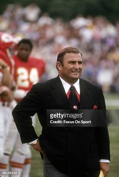 S: Head Coach Hank Stram of the Kansas City Chiefs watching the action from the sidelines during a late circa 1960's NFL football game at Municipal...