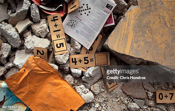 Learning materials sit among the rubble of a primary school January 26, 2010 in Leogane, Haiti. The historic town of Leogane was near the epicenter...