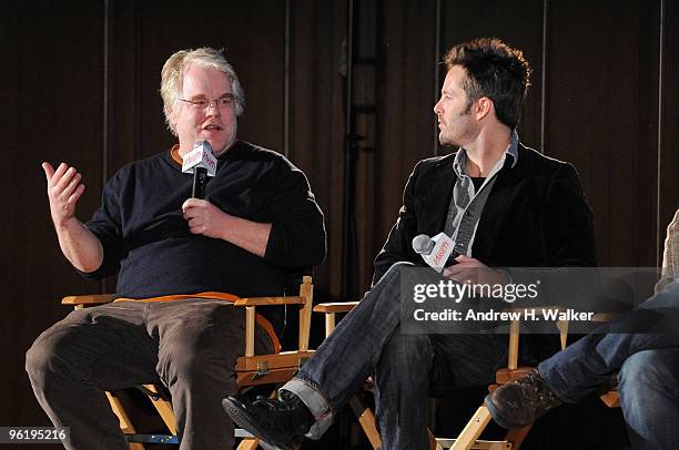 Actor/director Philip Seymour Hoffman and director Scott Cooper speak on stage Variety 10 Directors to Watch at St. Regis on January 24, 2010 in Park...