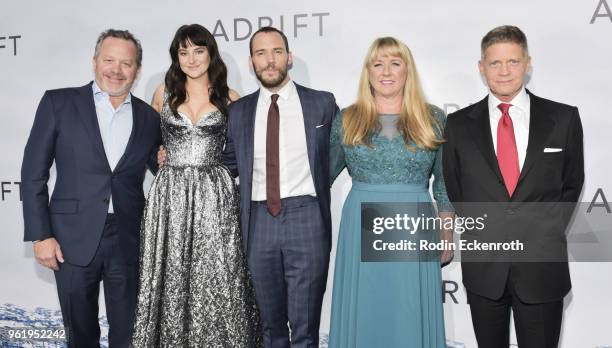 Shailene Woodley, Sam Claflin, Tami Oldham Ashcraft, and Chairman, CEO of STX Entertainment Bob Simonds arrive at the premiere of STX Films' "Adrift"...