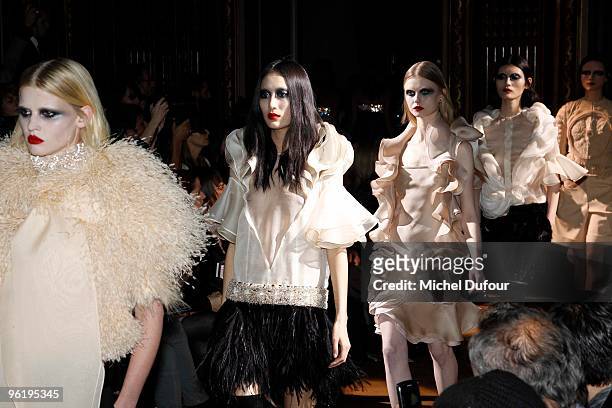 Models walk the runway for end of show Givenchy Fashion Show during Paris Fashion Week Haute Couture S/S 2010 on January 26, 2010 in Paris, France.