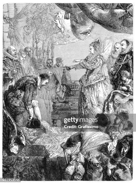 queen elizabeth i awarded francis drake a knighthood in 1581 - queen elizabeth stock illustrations