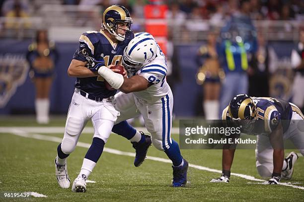 Indianapolis Colts Dwight Freeney in action, making sack vs St. Louis Rams QB Marc Bulger . St. Louis, MO CREDIT: David E. Klutho