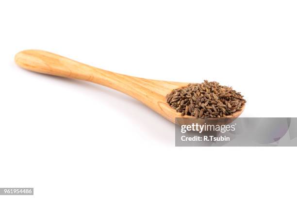 wooden spoon and pile of cumin seeds isolated on white background - cumin - fotografias e filmes do acervo