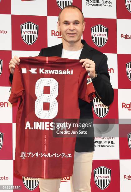 New Vissel Kobe player Andres Iniesta attends a press conference on May 24, 2018 in Tokyo, Japan.