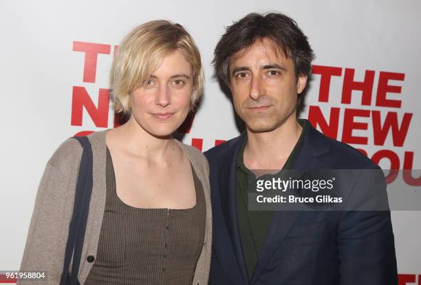 Greta Gerwig and Noah Baumbach pose at the opening night after party for The New Group Theater's new play "Peace For Mary Frances" at The Yotel...