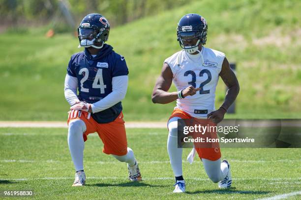 Chicago Bears running back Jordan Howard and Chicago Bears defensive back Deiondre' Hall participate during the Bears OTA session on May 23, 2018 at...