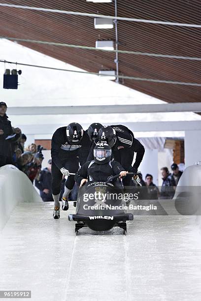 Bobsled team Steve Holcomb, Justin Olsen, Steve Mesler, and Curt Tomasevicz in action during four man run at Bobsled Track. Lake Placid, NY CREDIT:...