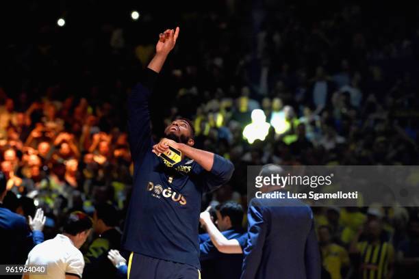 Jason Thompson, #1 of Fenerbahce Dogus Istanbul during the presentation before 2018 Turkish Airlines EuroLeague F4 Championship Game between Real...