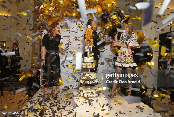 Edwina McCann, David Collins and Victoria Lee make a birthday tribute during David Jones 180th Birthday Celebrations at David Jones Elizabeth Street...