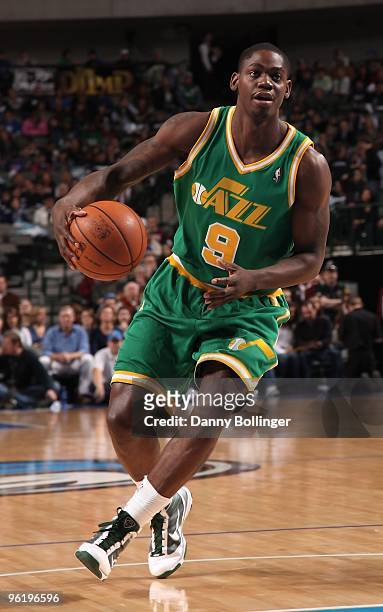 Ronnie Brewer of the Utah Jazz moves the ball against the Dallas Mavericks during the game at the American Airlines Center on January 9, 2010 in...