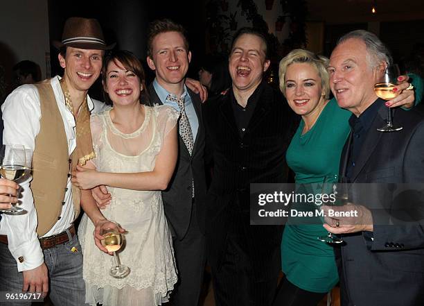 Tom Godwin, Lucy Prebble, Tom Goodman-Hill, Samuel West, Amanda Drew and Tim Pigott-Smith attend the afterparty following the press night of 'Enron',...