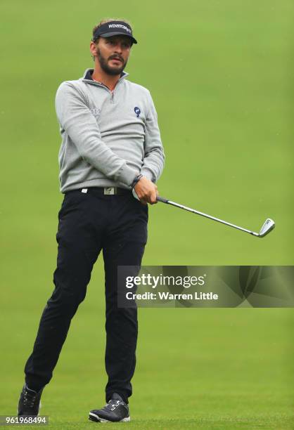 Joost Luiten of the Netherlands plays his second shot on the 4th hole during day one of the BMW PGA Championship at Wentworth on May 24, 2018 in...