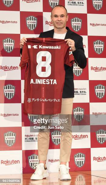 New Vissel Kobe bplayer Andres Iniesta attends a press conference at ANA Intercontinental Hotel on May 24, 2018 in Tokyo, Japan.