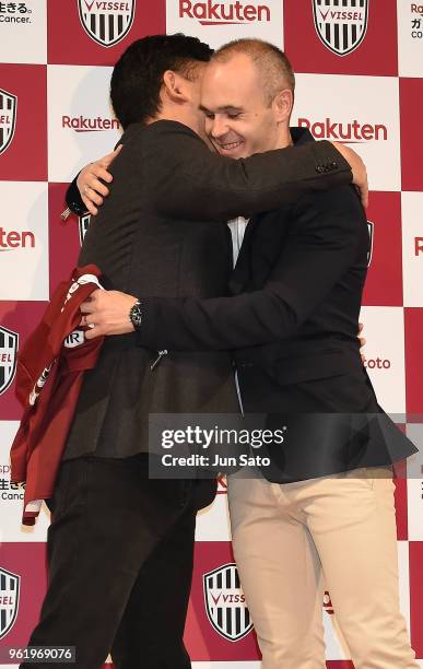 New Vissel Kobe player Andres Iniesta and RakutenInc. Ceo Hiroshi Mikitani attend a press conference at ANA Intercontinental Hotel on May 24, 2018 in...