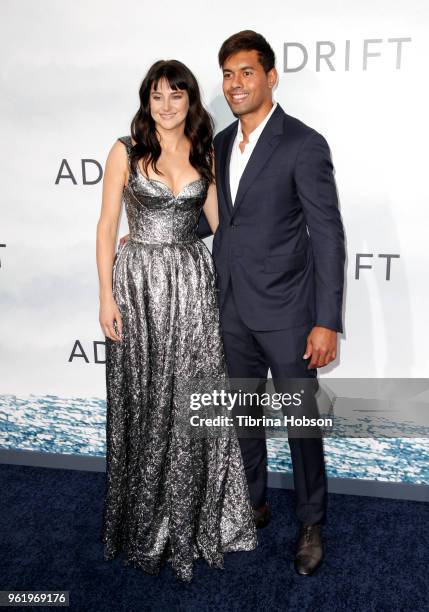 Shailene Woodley and Ben Volavola attend the premiere of 'Adrift' at Regal LA Live Stadium 14 on May 23, 2018 in Los Angeles, California.