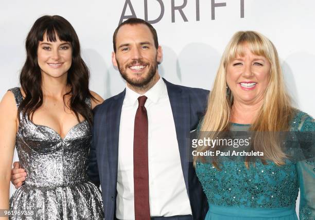 Shailene Woodley, Sam Claflin and Tami Oldham Ashcraft attend the premiere of STX Films' "Adrift" at Regal LA Live Stadium 14 on May 23, 2018 in Los...