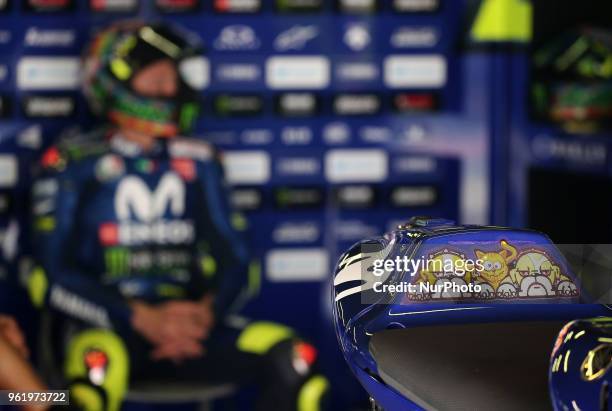 Decoration on Valentino Rossi's motorbike during the Moto GP test in the Barcelona Catalunya Circuit, on 23th May 2018 in Barcelona, Spain. --